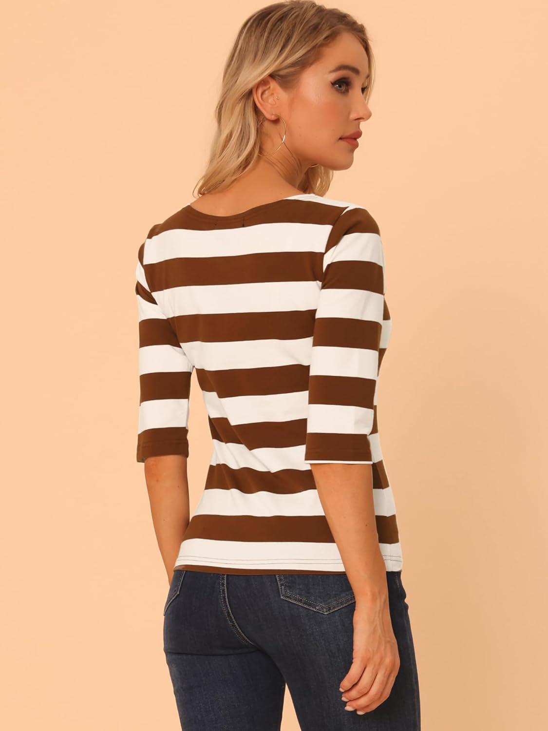 imageAllegra K Womens Striped Top Round Neck Tops Casual Long Sleeve ShirtBrown