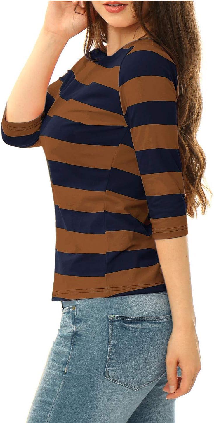 imageAllegra K Womens Striped Top Round Neck Tops Casual Long Sleeve ShirtBrown Navy