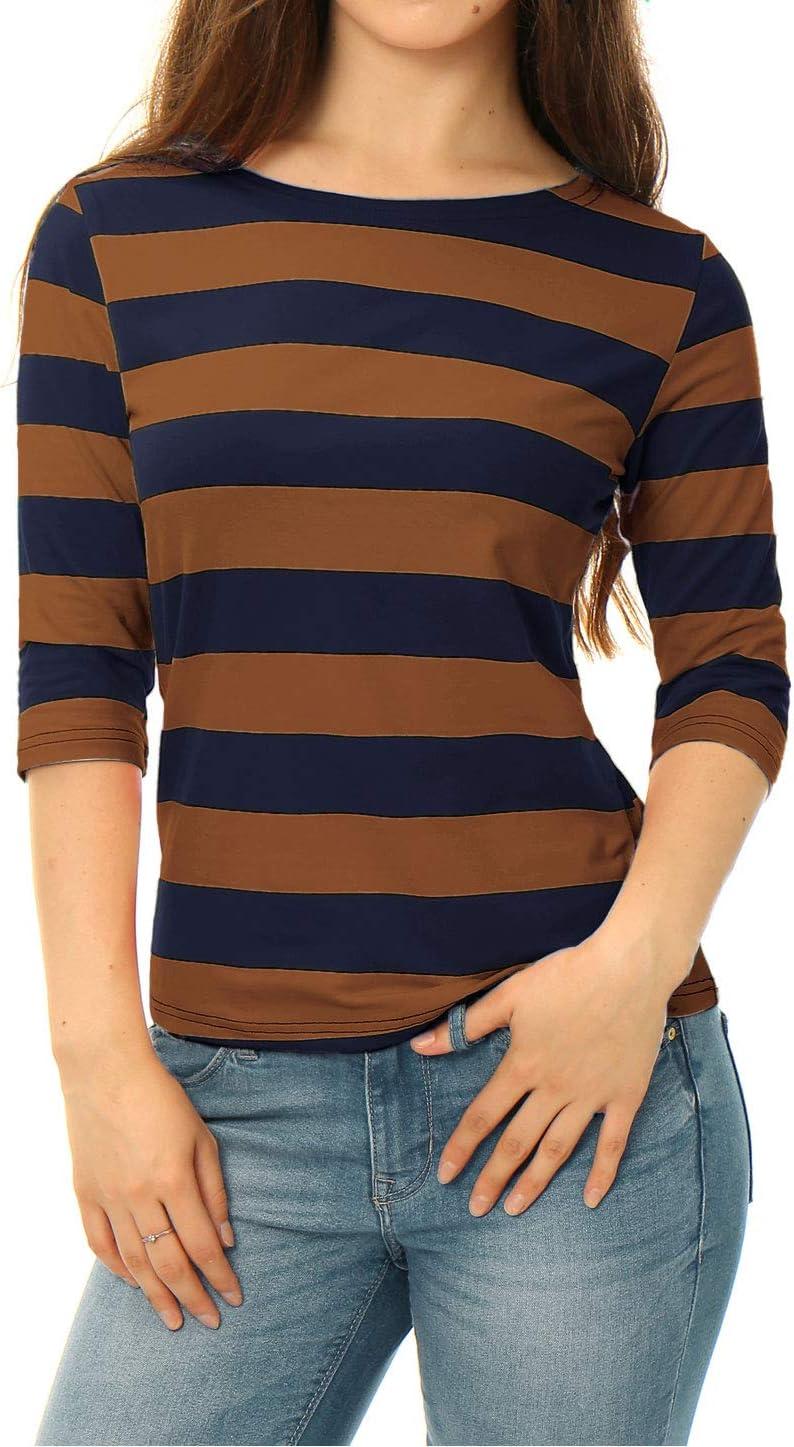 imageAllegra K Womens Striped Top Round Neck Tops Casual Long Sleeve ShirtBrown Navy
