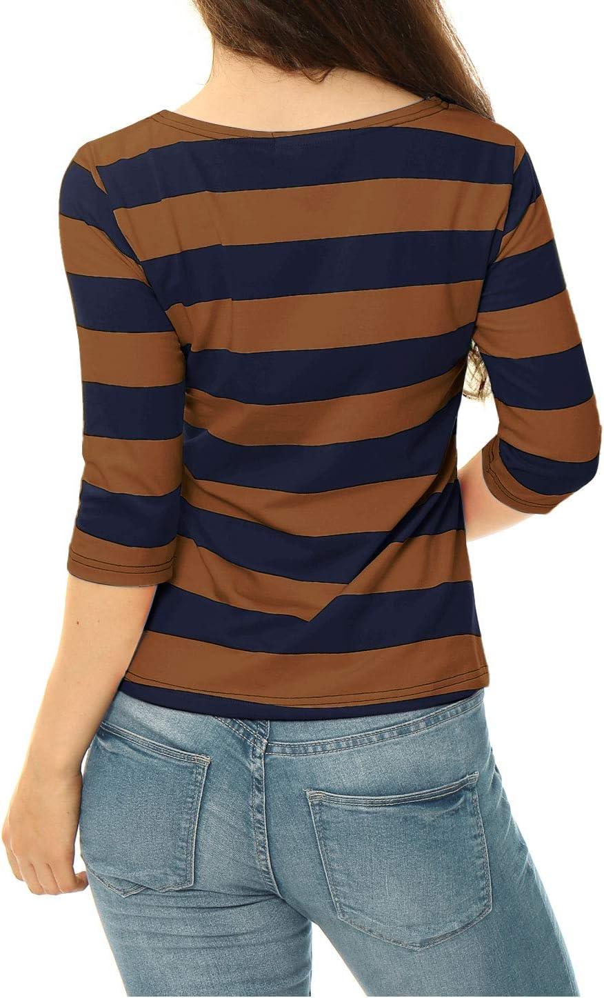 imageAllegra K Womens Striped Top Round Neck Tops Casual Long Sleeve ShirtBrown Navy