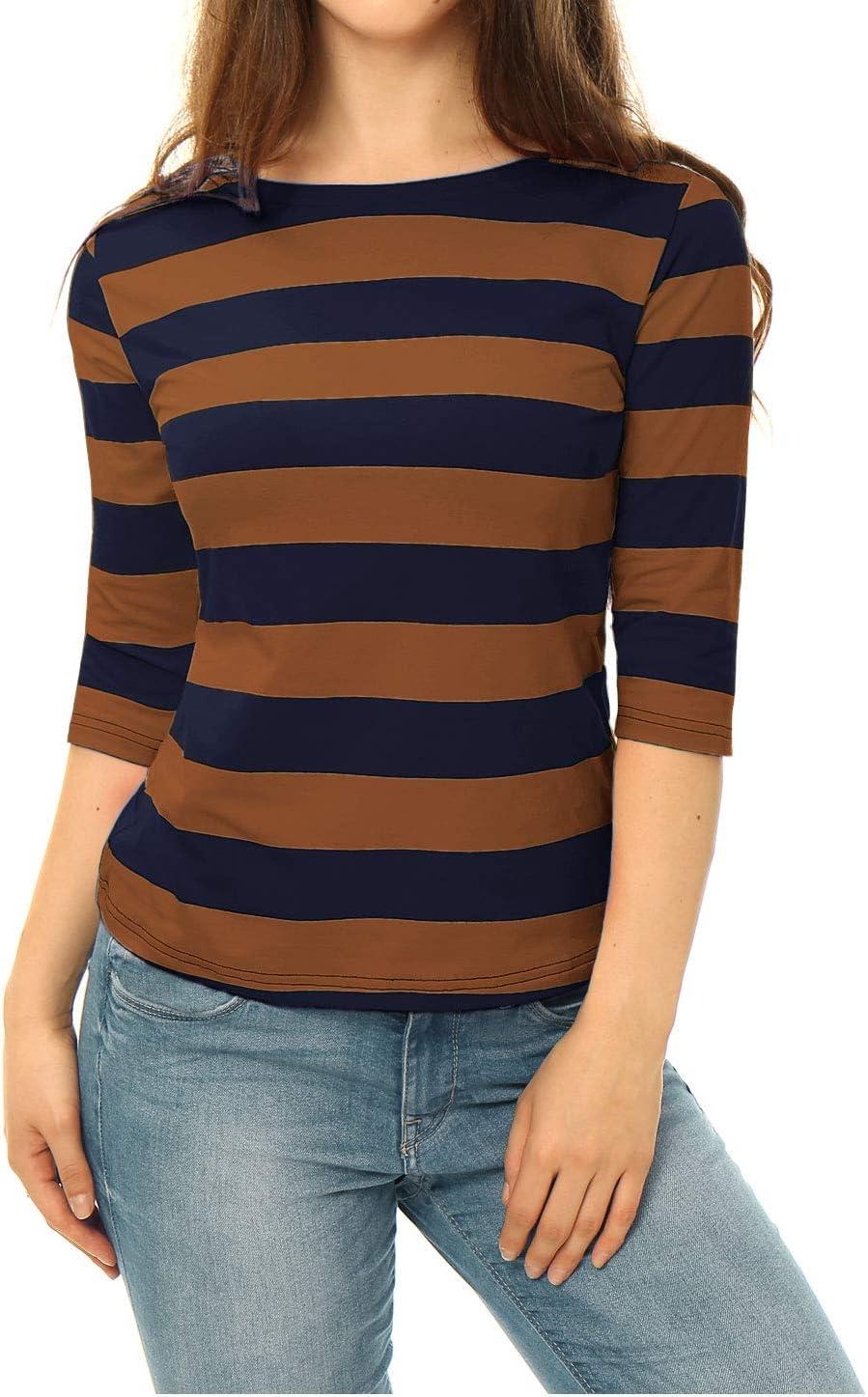 imageAllegra K Womens Striped Top Round Neck Tops Casual Long Sleeve ShirtBrown Navy
