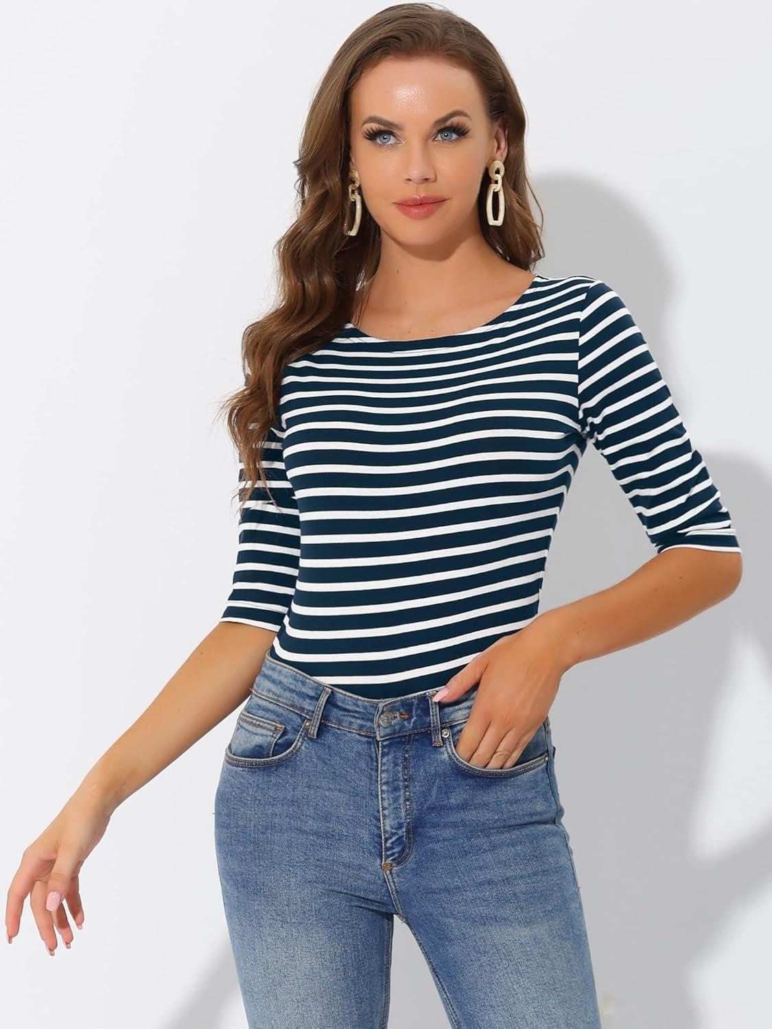 imageAllegra K Womens Striped Top Round Neck Tops Casual Long Sleeve ShirtDark Blue