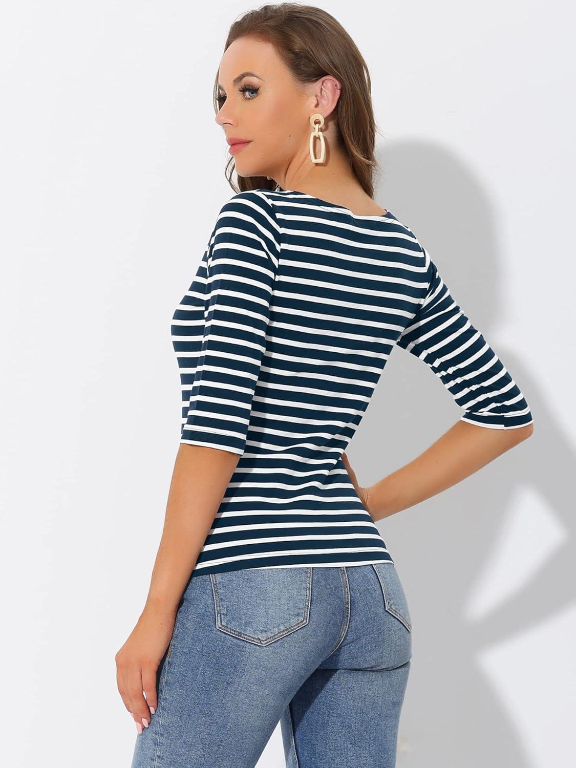 imageAllegra K Womens Striped Top Round Neck Tops Casual Long Sleeve ShirtDark Blue