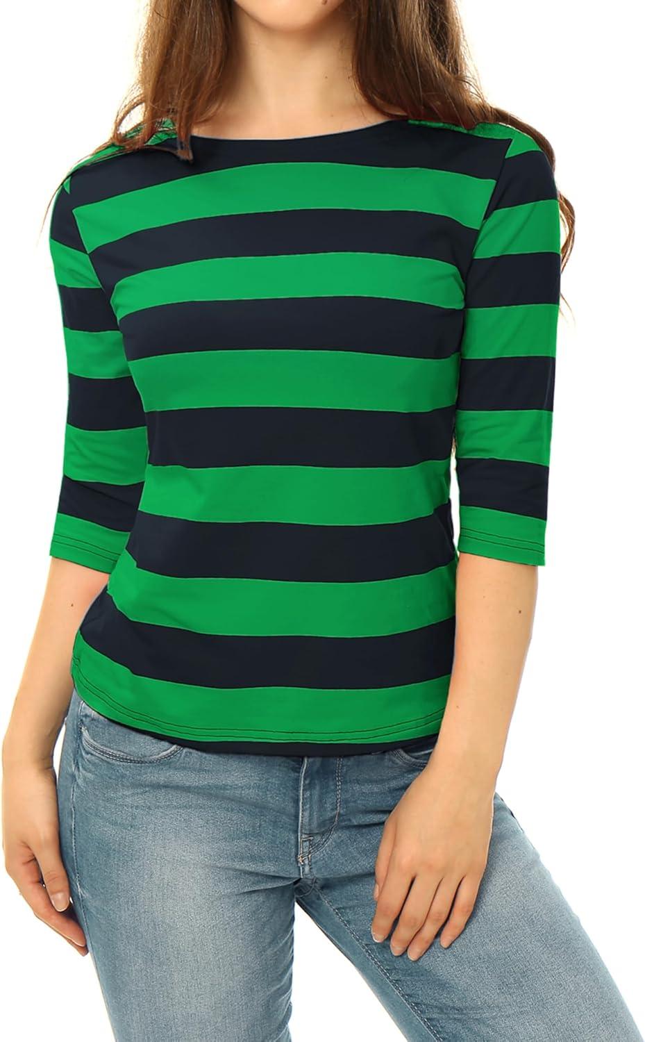imageAllegra K Womens Striped Top Round Neck Tops Casual Long Sleeve ShirtDark Green