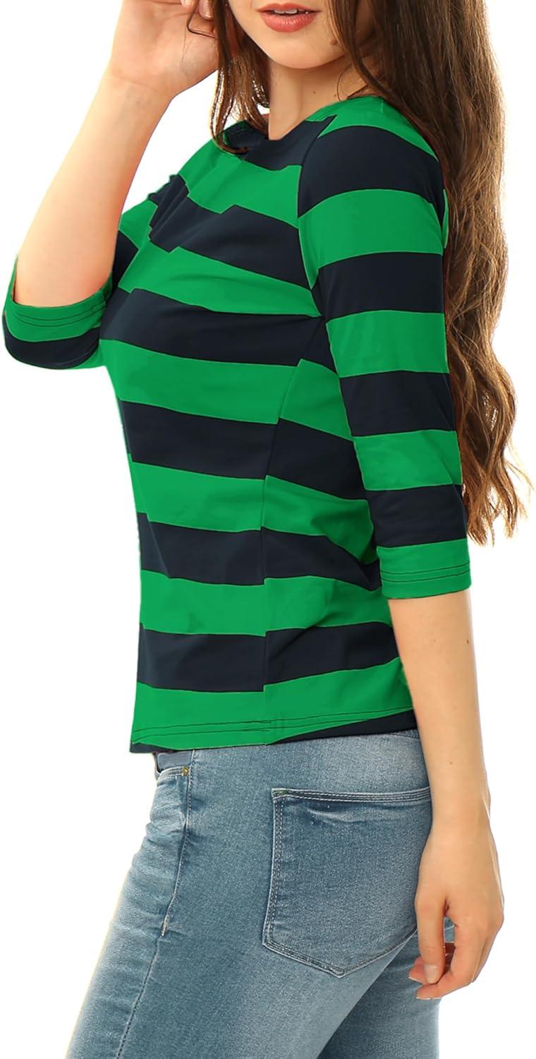 imageAllegra K Womens Striped Top Round Neck Tops Casual Long Sleeve ShirtDark Green