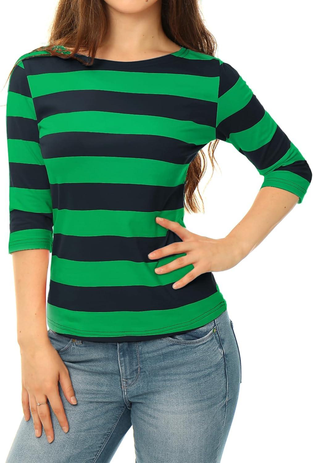 imageAllegra K Womens Striped Top Round Neck Tops Casual Long Sleeve ShirtDark Green