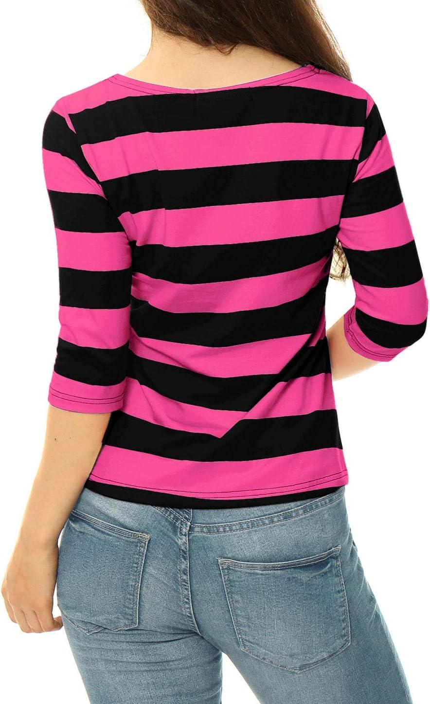 imageAllegra K Womens Striped Top Round Neck Tops Casual Long Sleeve ShirtFuchsia Black