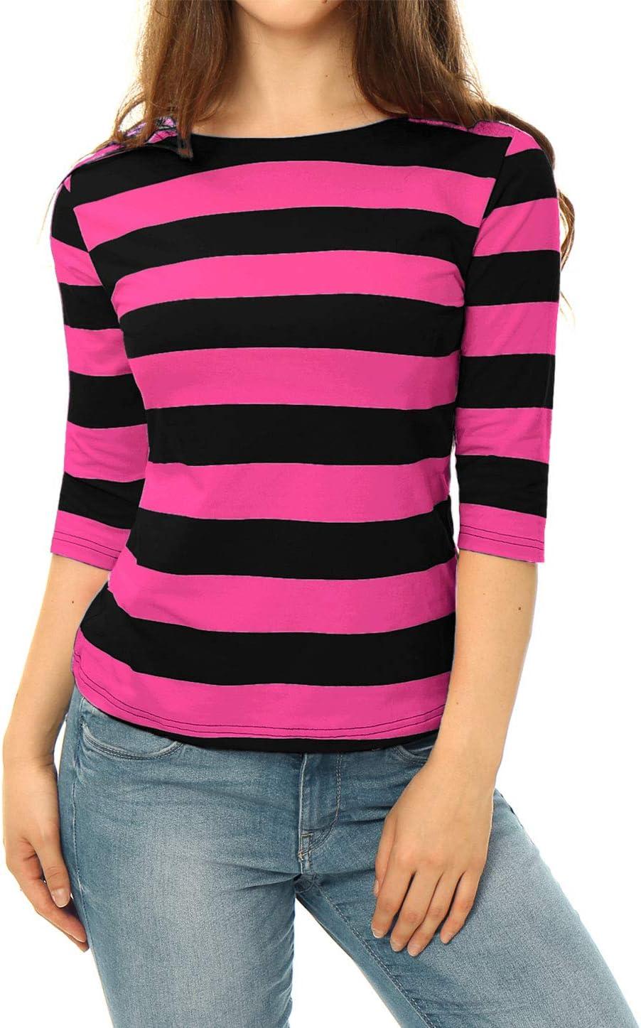 imageAllegra K Womens Striped Top Round Neck Tops Casual Long Sleeve ShirtFuchsia Black