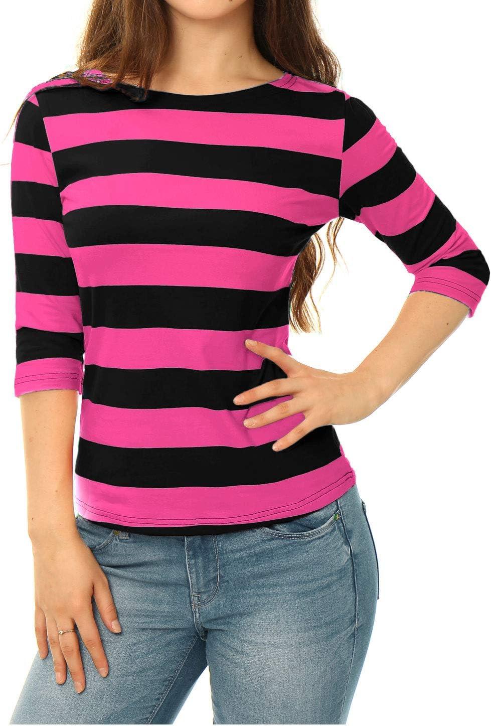 imageAllegra K Womens Striped Top Round Neck Tops Casual Long Sleeve ShirtFuchsia Black