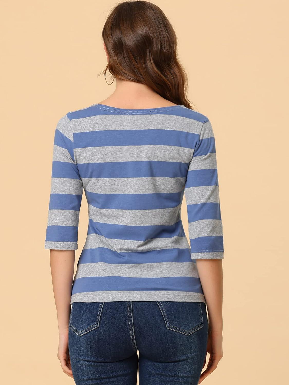 imageAllegra K Womens Striped Top Round Neck Tops Casual Long Sleeve ShirtGray Blue