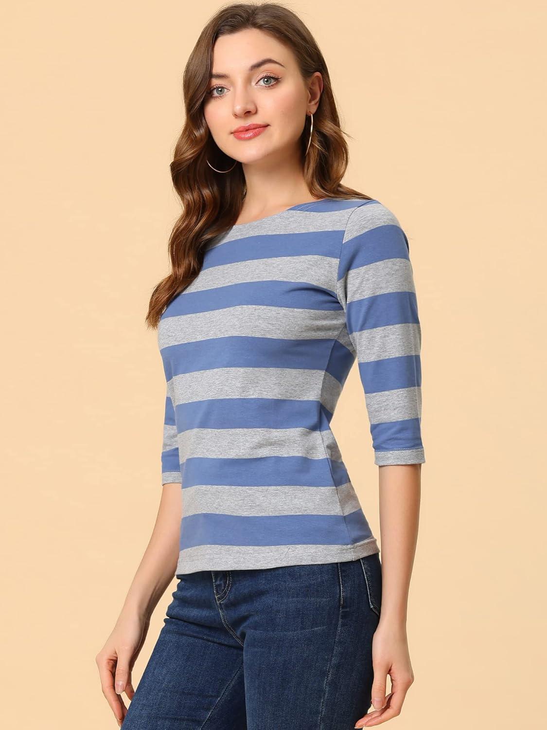 imageAllegra K Womens Striped Top Round Neck Tops Casual Long Sleeve ShirtGray Blue