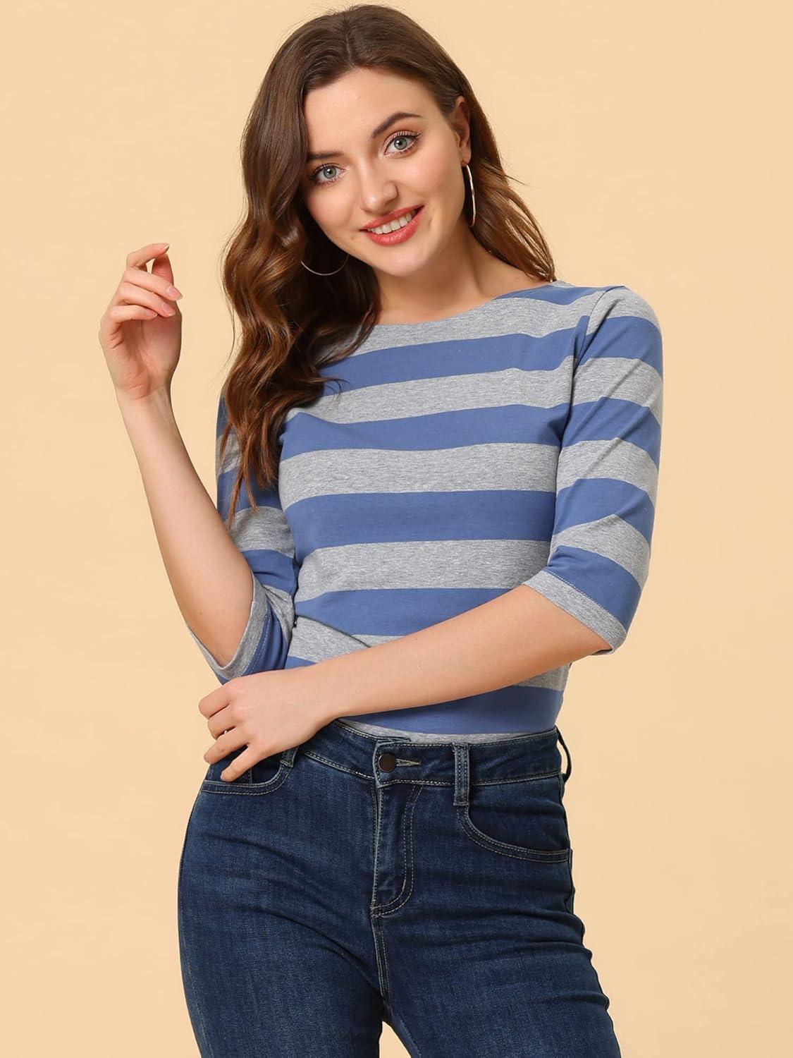 imageAllegra K Womens Striped Top Round Neck Tops Casual Long Sleeve ShirtGray Blue