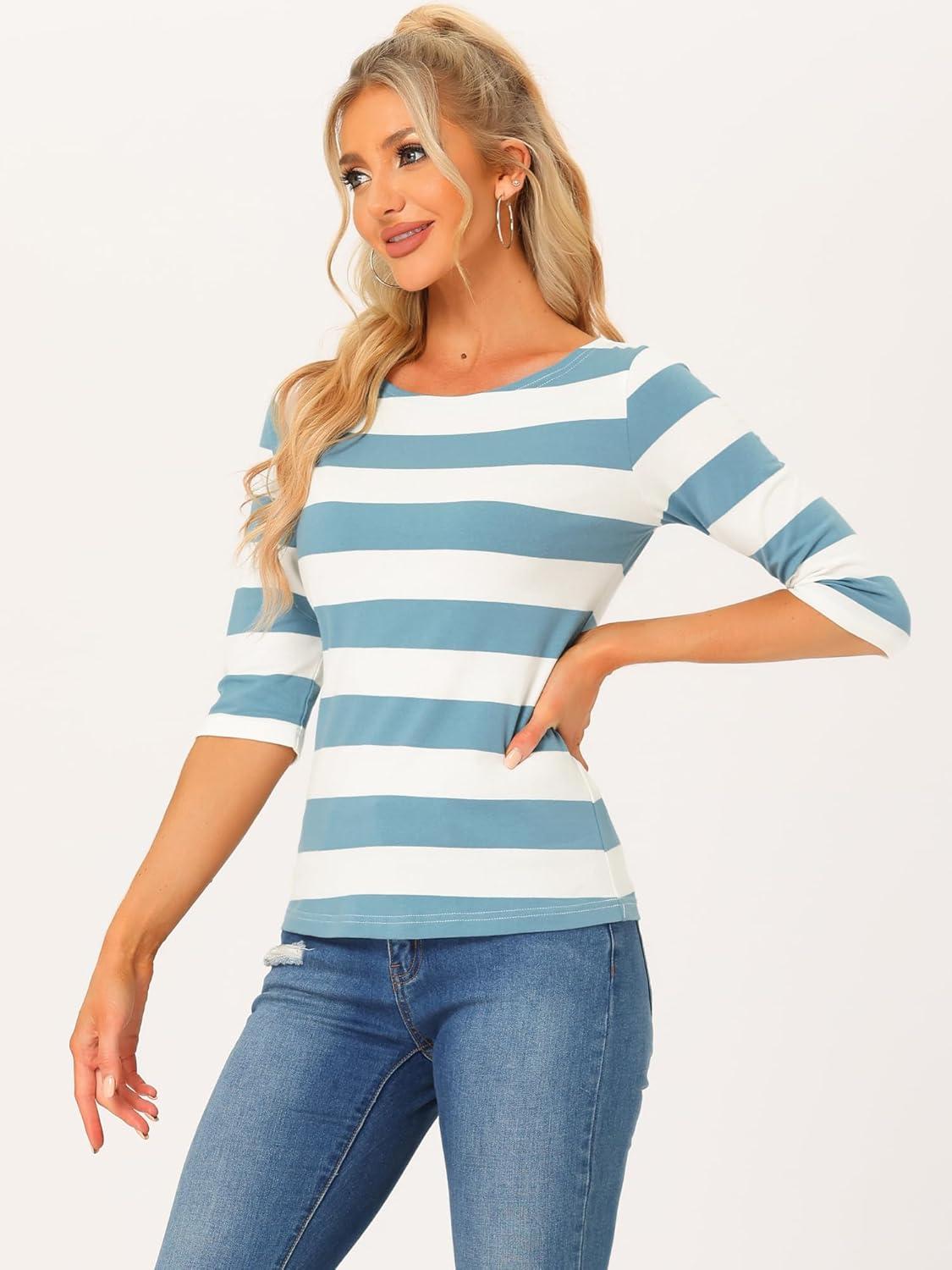 imageAllegra K Womens Striped Top Round Neck Tops Casual Long Sleeve ShirtGray Blue White