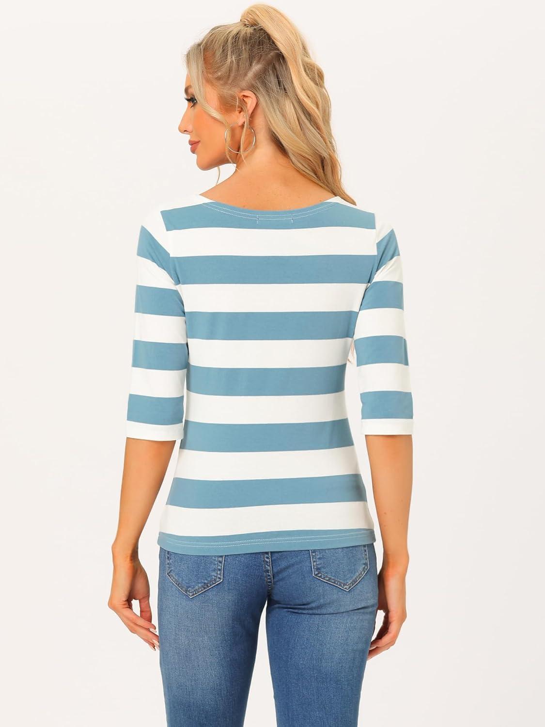imageAllegra K Womens Striped Top Round Neck Tops Casual Long Sleeve ShirtGray Blue White