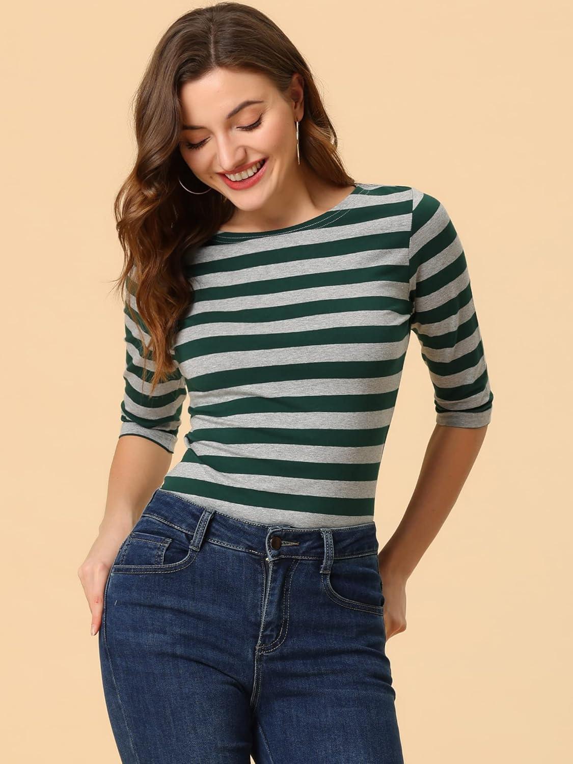 imageAllegra K Womens Striped Top Round Neck Tops Casual Long Sleeve ShirtGreen Gray