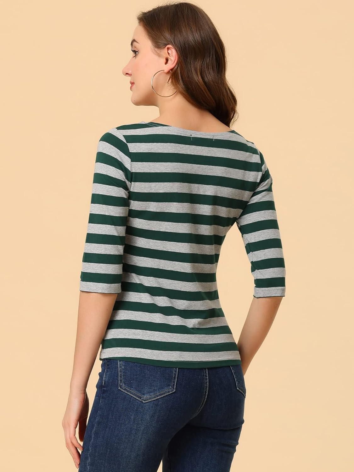 imageAllegra K Womens Striped Top Round Neck Tops Casual Long Sleeve ShirtGreen Gray