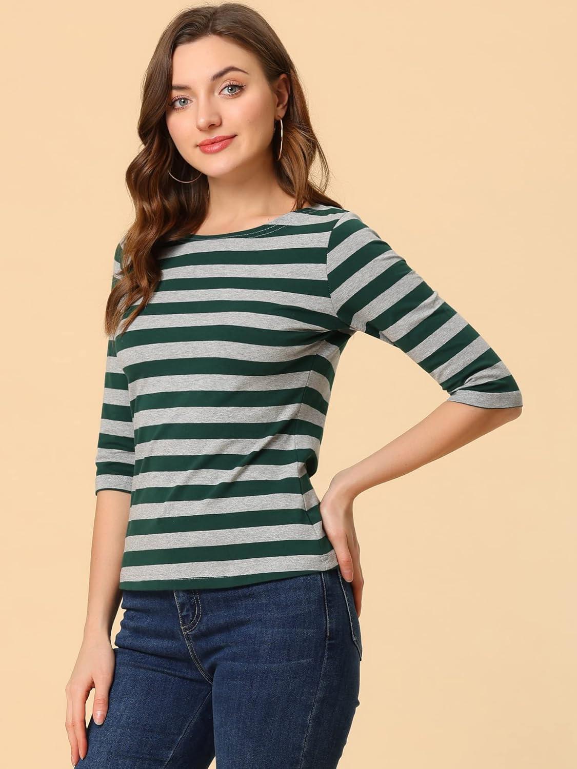 imageAllegra K Womens Striped Top Round Neck Tops Casual Long Sleeve ShirtGreen Gray