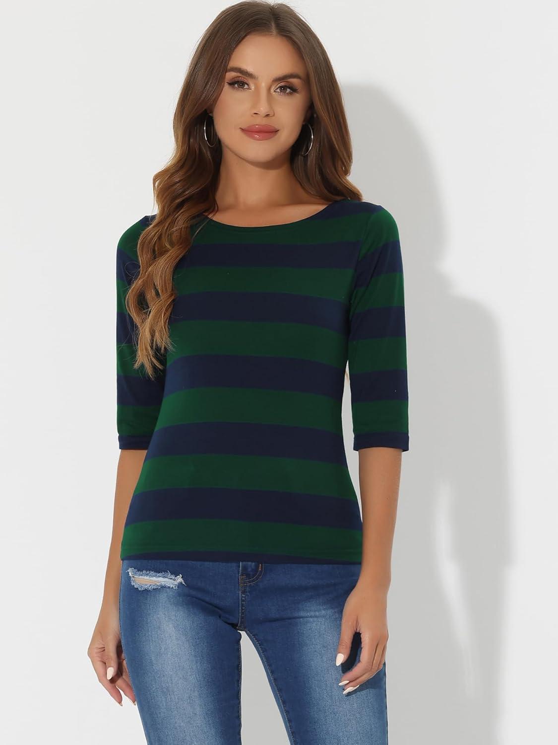 imageAllegra K Womens Striped Top Round Neck Tops Casual Long Sleeve ShirtGreen Navy