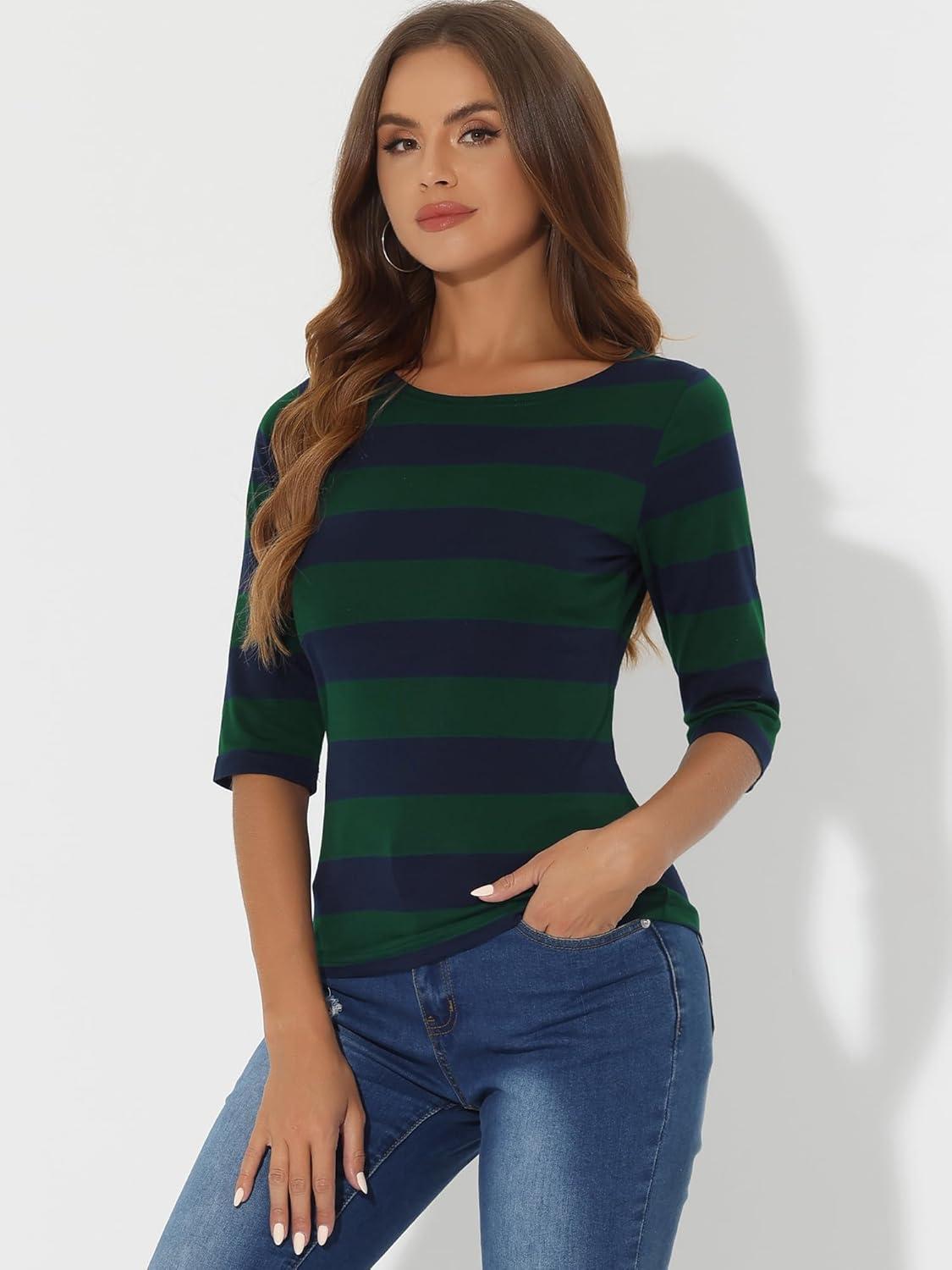 imageAllegra K Womens Striped Top Round Neck Tops Casual Long Sleeve ShirtGreen Navy