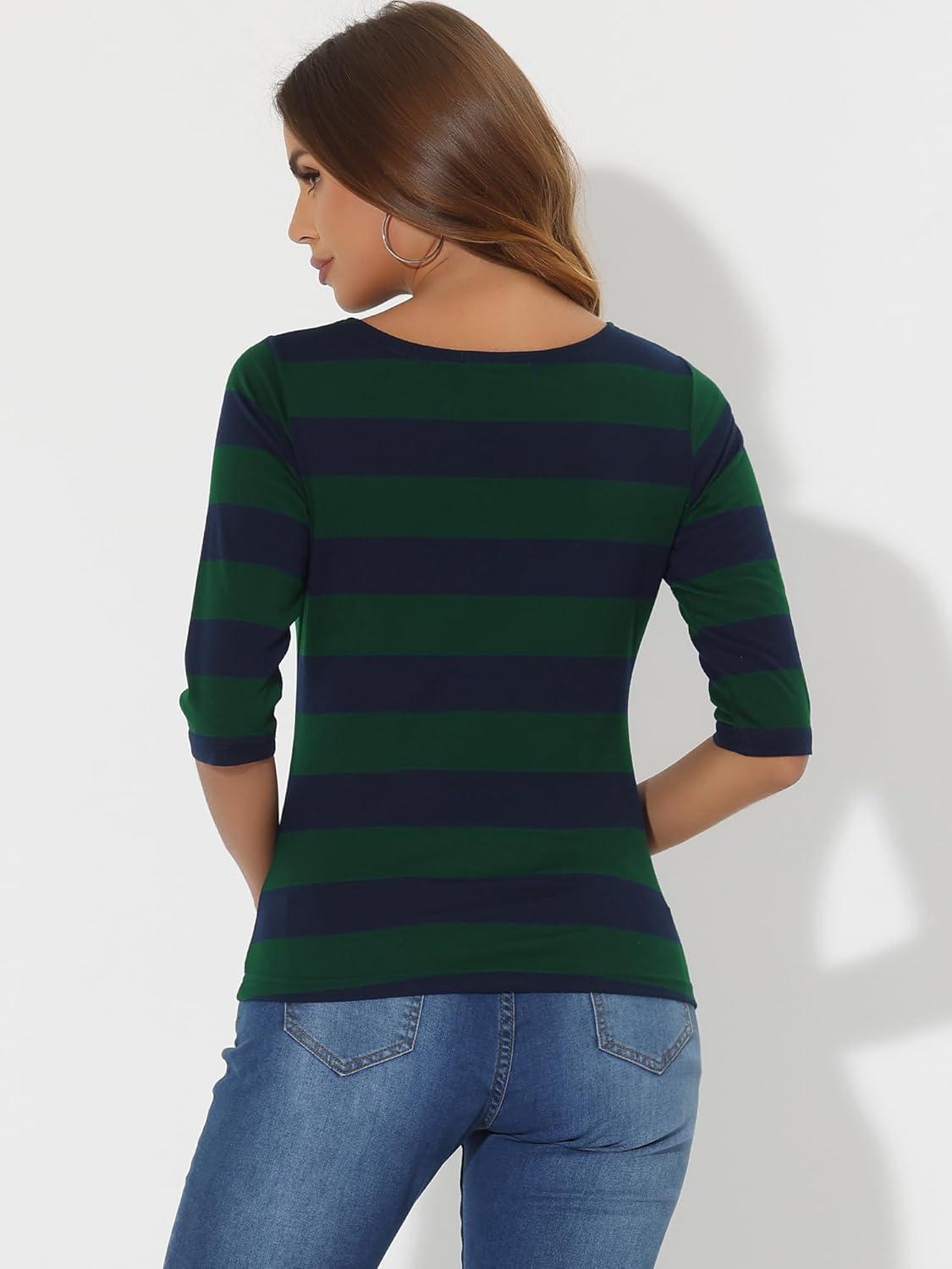 imageAllegra K Womens Striped Top Round Neck Tops Casual Long Sleeve ShirtGreen Navy