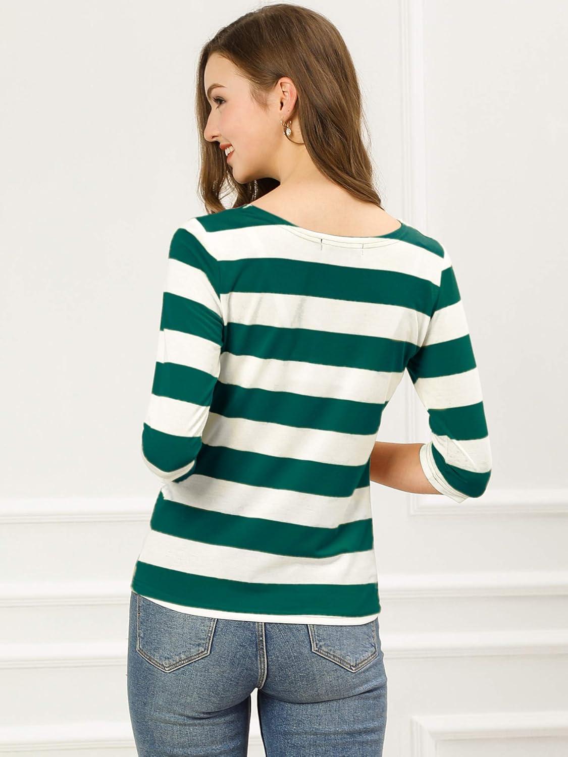 imageAllegra K Womens Striped Top Round Neck Tops Casual Long Sleeve ShirtGreen White