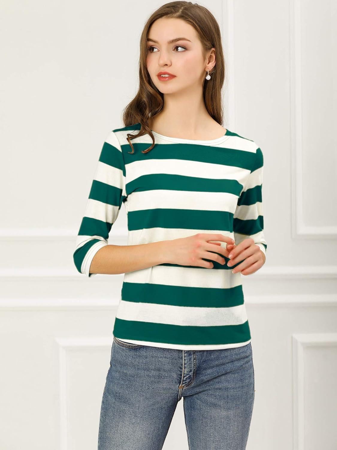 imageAllegra K Womens Striped Top Round Neck Tops Casual Long Sleeve ShirtGreen White