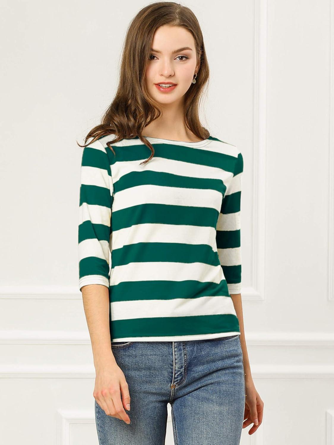 imageAllegra K Womens Striped Top Round Neck Tops Casual Long Sleeve ShirtGreen White