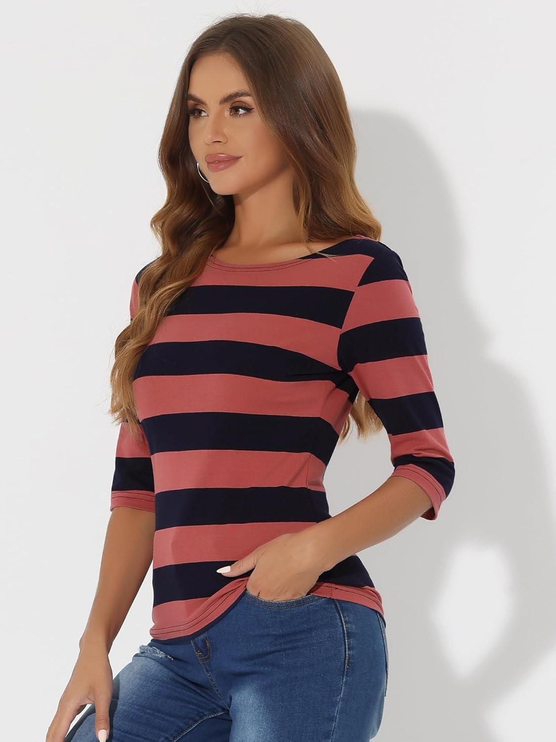 imageAllegra K Womens Striped Top Round Neck Tops Casual Long Sleeve ShirtHot Pink Navy