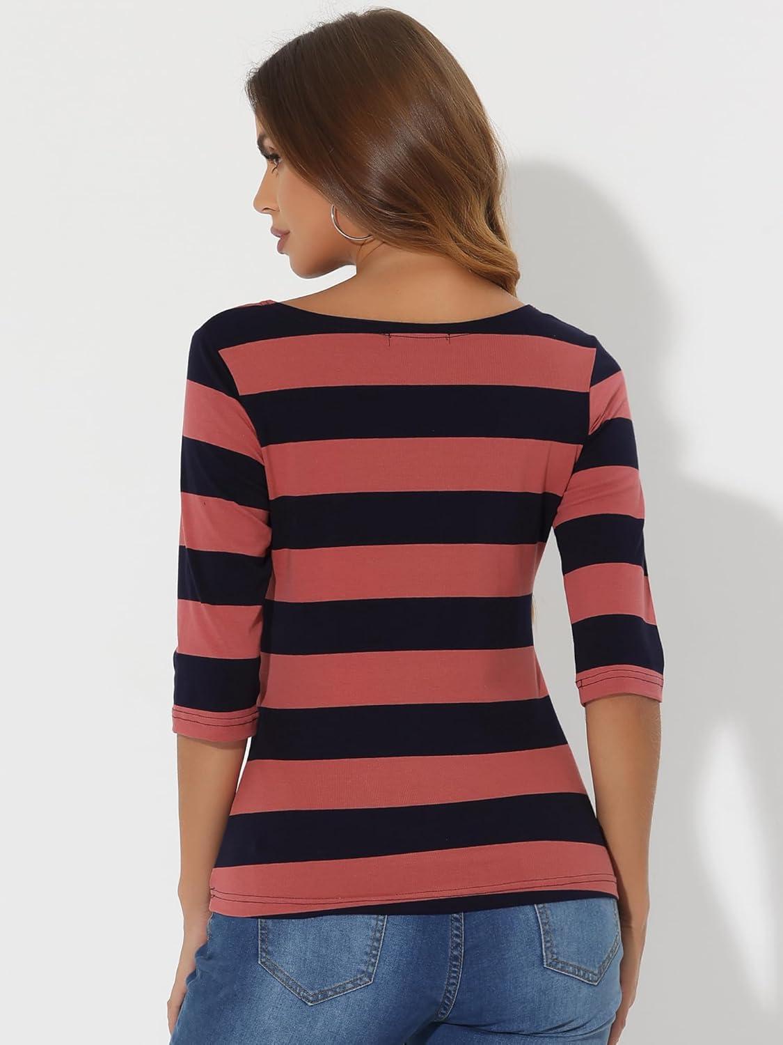 imageAllegra K Womens Striped Top Round Neck Tops Casual Long Sleeve ShirtHot Pink Navy