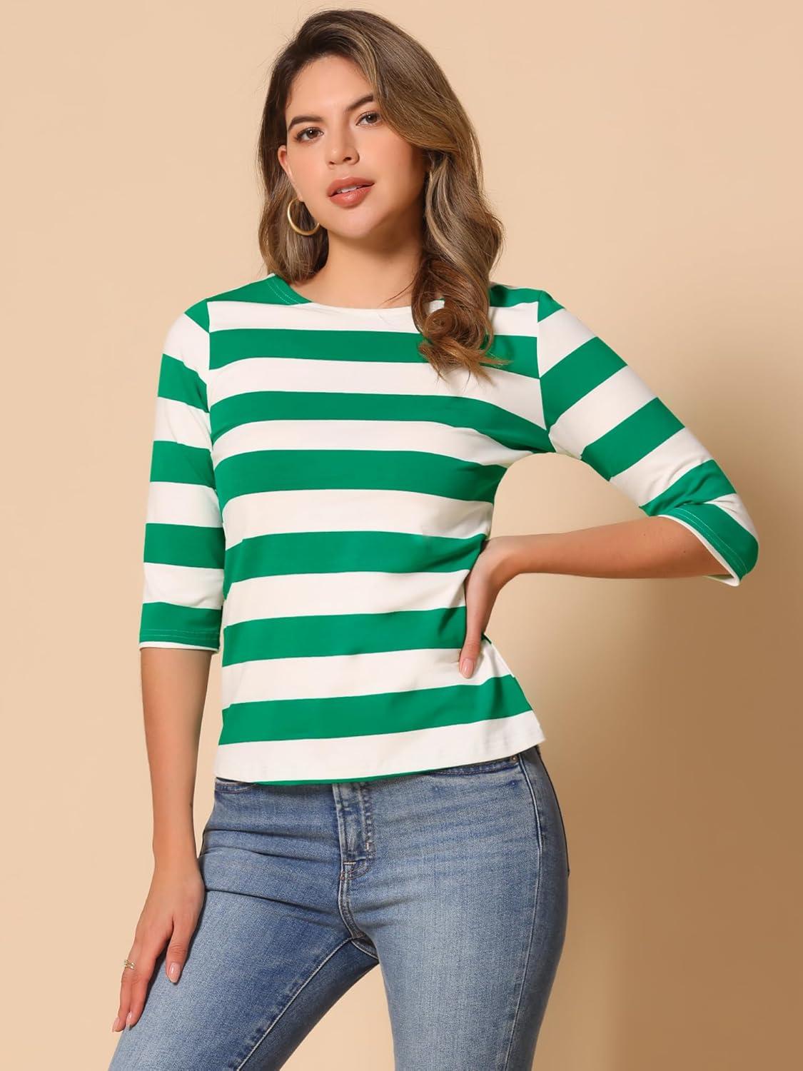 imageAllegra K Womens Striped Top Round Neck Tops Casual Long Sleeve ShirtMint Green White