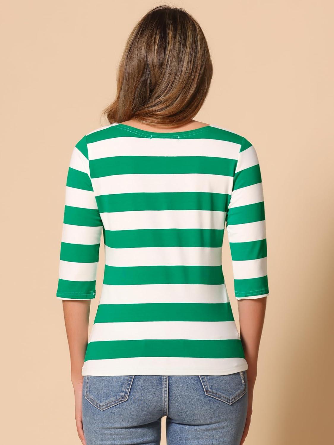 imageAllegra K Womens Striped Top Round Neck Tops Casual Long Sleeve ShirtMint Green White