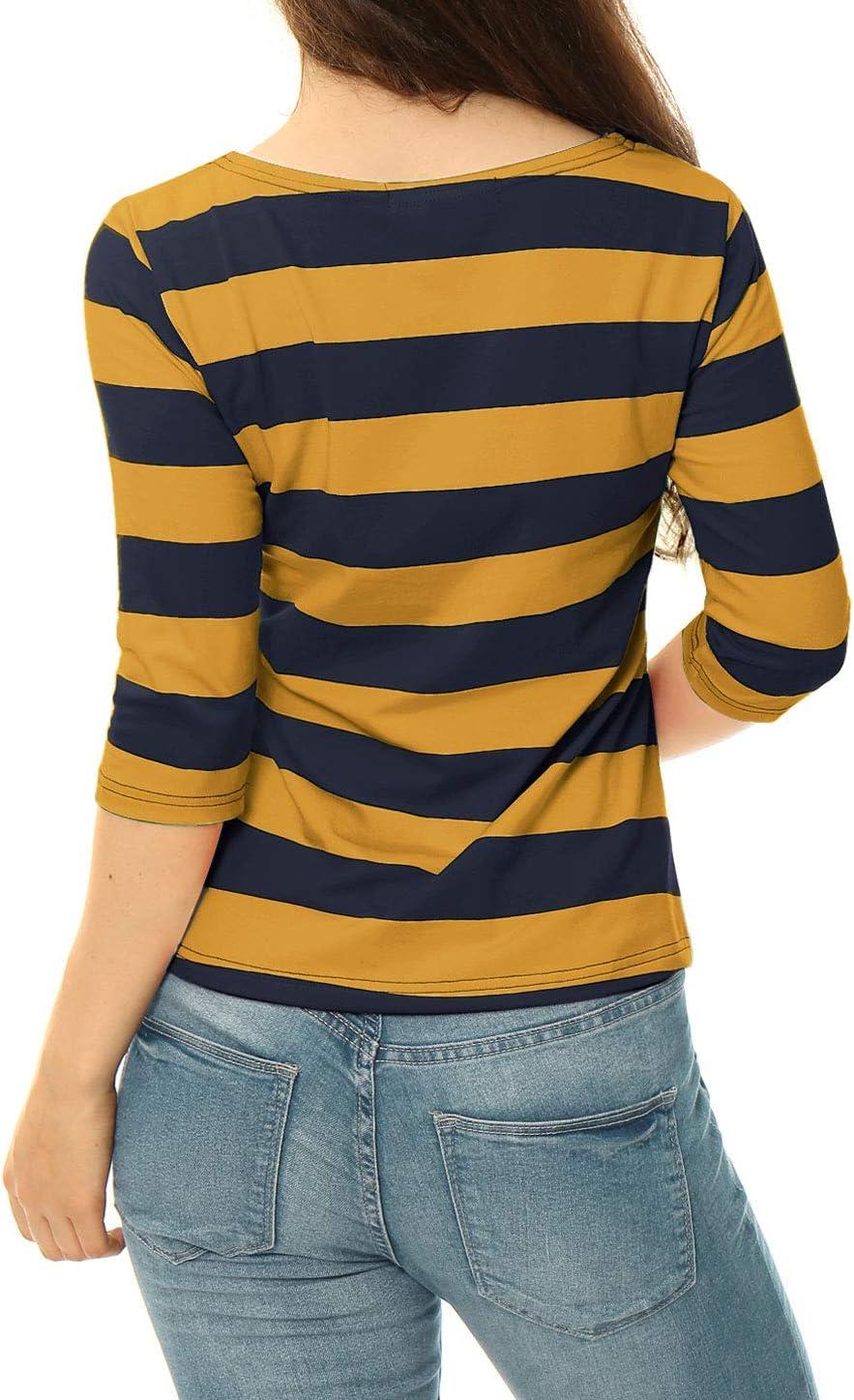 imageAllegra K Womens Striped Top Round Neck Tops Casual Long Sleeve ShirtMustard Navy
