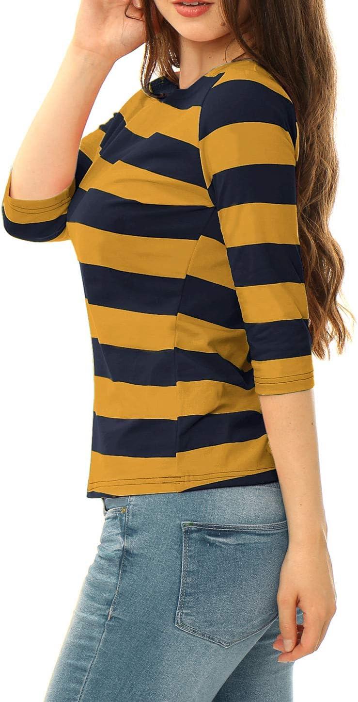 imageAllegra K Womens Striped Top Round Neck Tops Casual Long Sleeve ShirtMustard Navy