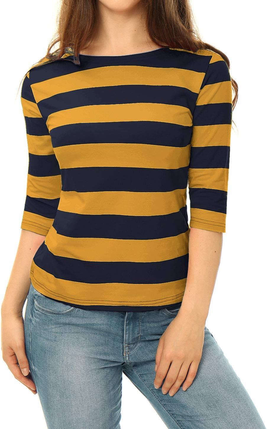 imageAllegra K Womens Striped Top Round Neck Tops Casual Long Sleeve ShirtMustard Navy