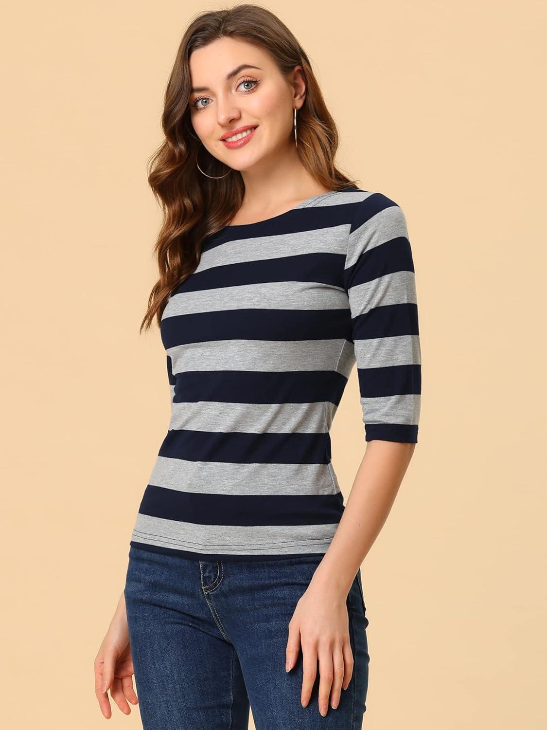 imageAllegra K Womens Striped Top Round Neck Tops Casual Long Sleeve ShirtNavy Gray