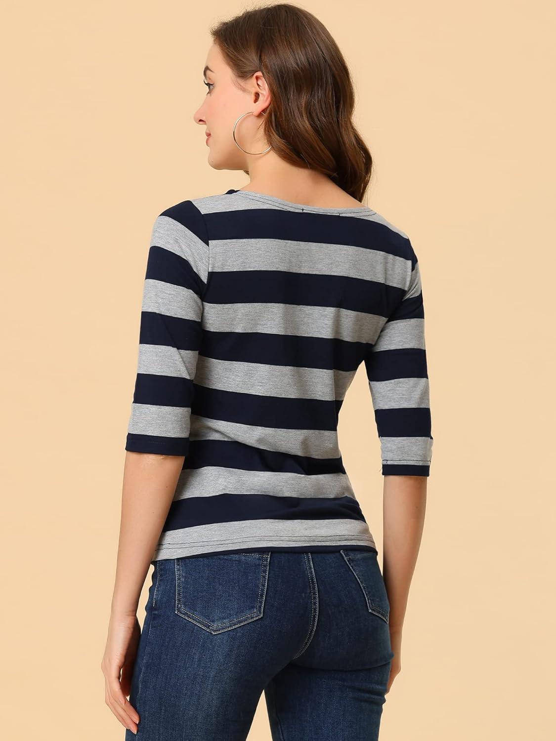 imageAllegra K Womens Striped Top Round Neck Tops Casual Long Sleeve ShirtNavy Gray