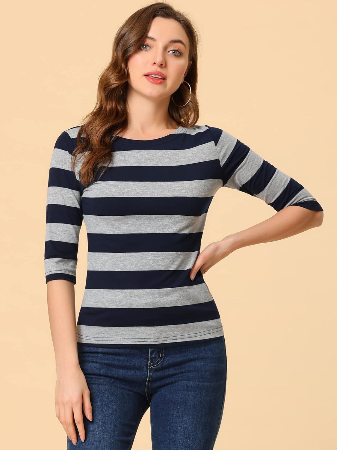 imageAllegra K Womens Striped Top Round Neck Tops Casual Long Sleeve ShirtNavy Gray