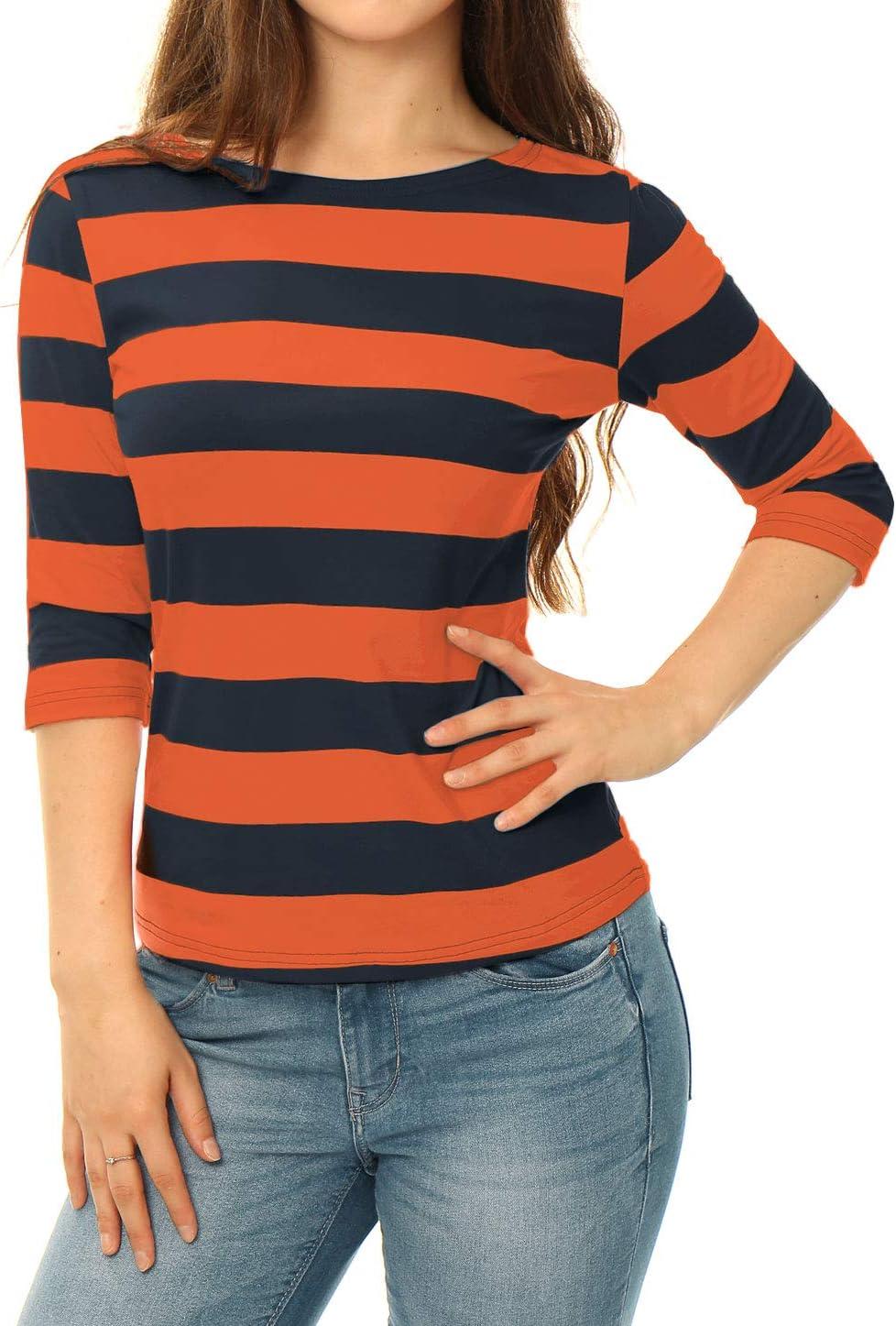 imageAllegra K Womens Striped Top Round Neck Tops Casual Long Sleeve ShirtOrange Navy