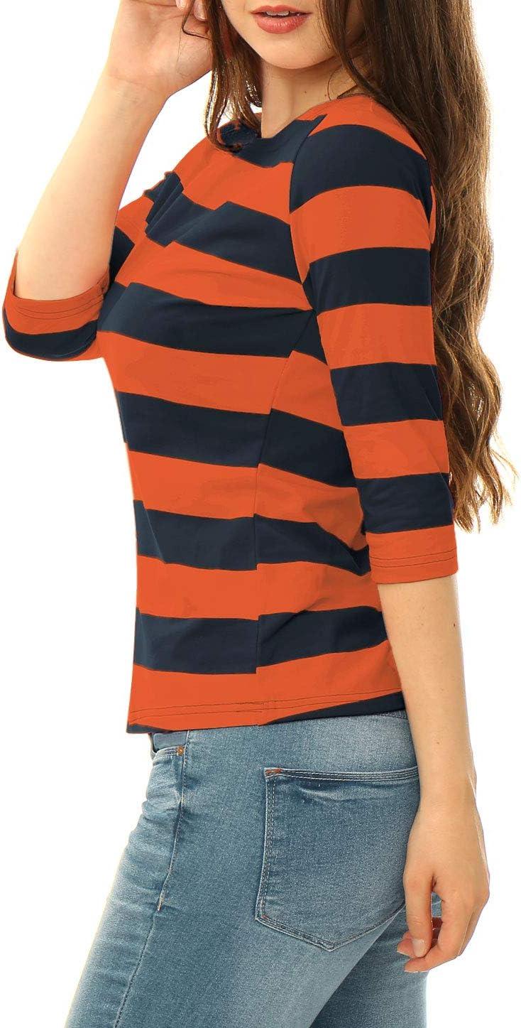 imageAllegra K Womens Striped Top Round Neck Tops Casual Long Sleeve ShirtOrange Navy