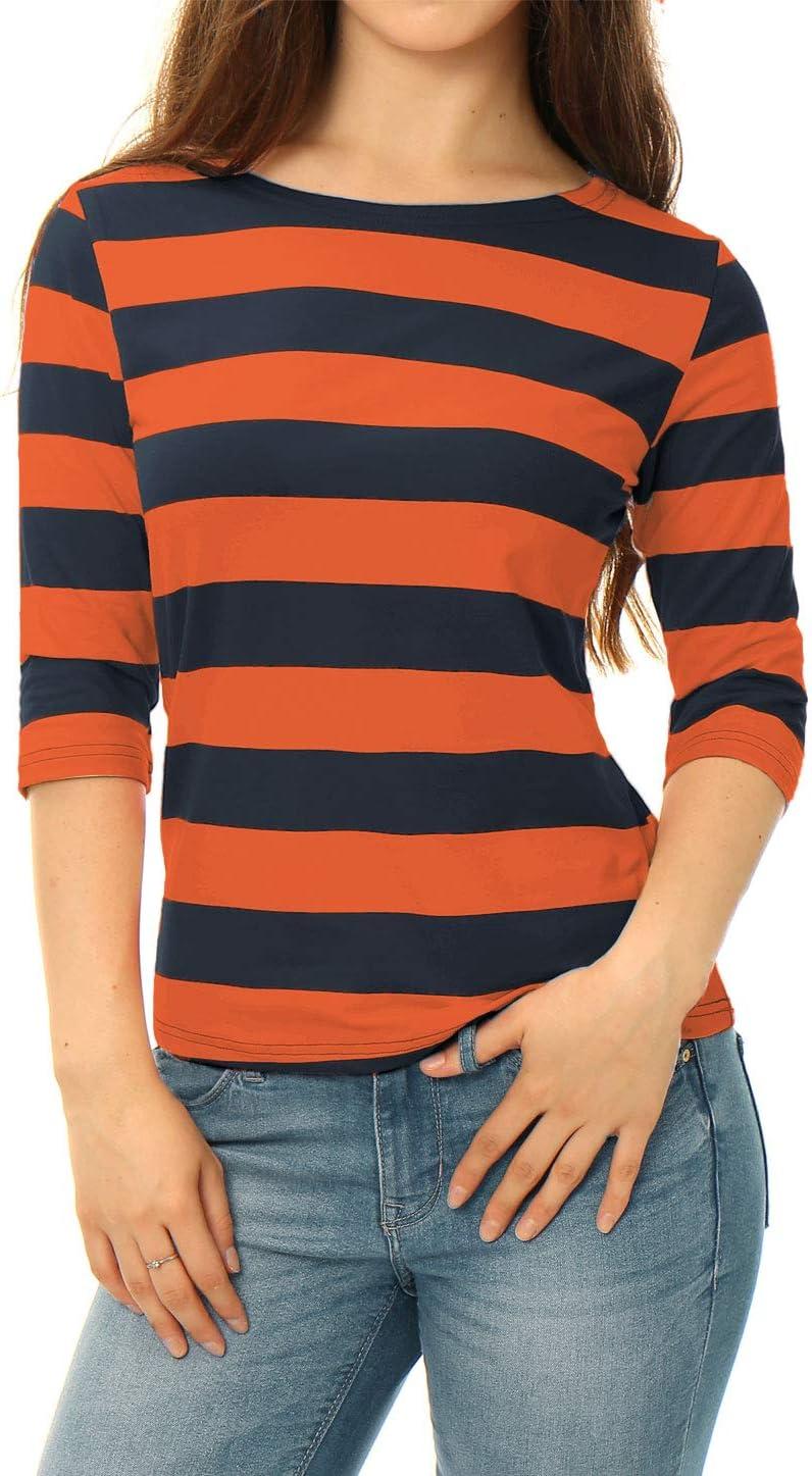 imageAllegra K Womens Striped Top Round Neck Tops Casual Long Sleeve ShirtOrange Navy