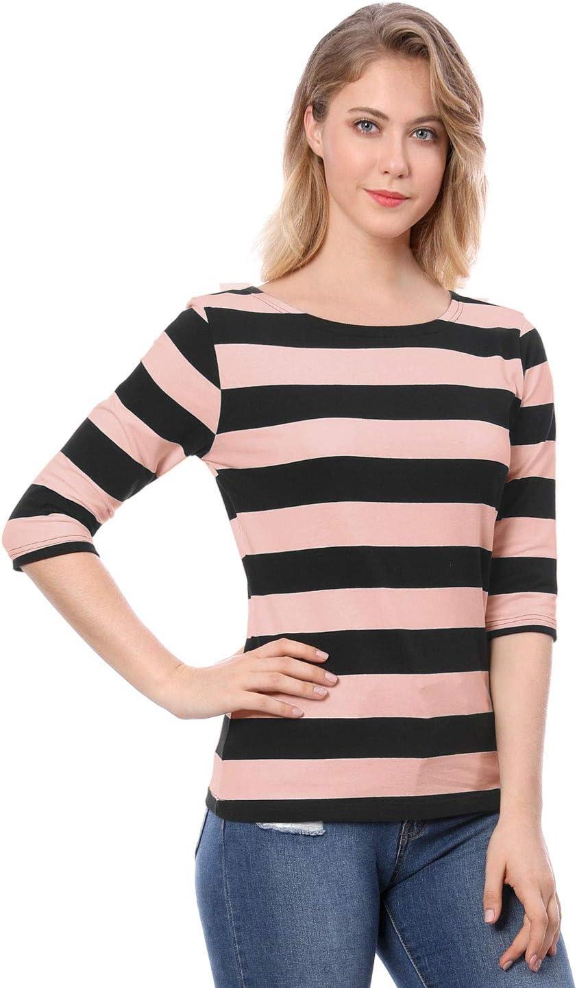 imageAllegra K Womens Striped Top Round Neck Tops Casual Long Sleeve ShirtPink Black