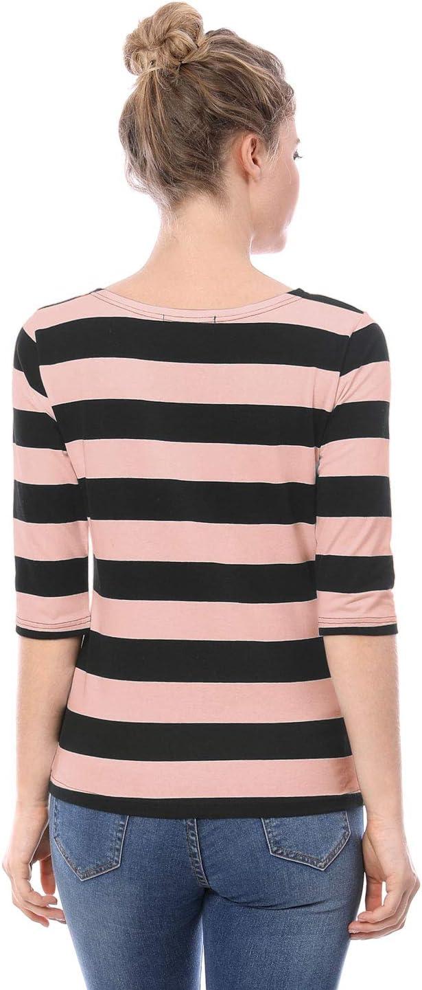 imageAllegra K Womens Striped Top Round Neck Tops Casual Long Sleeve ShirtPink Black