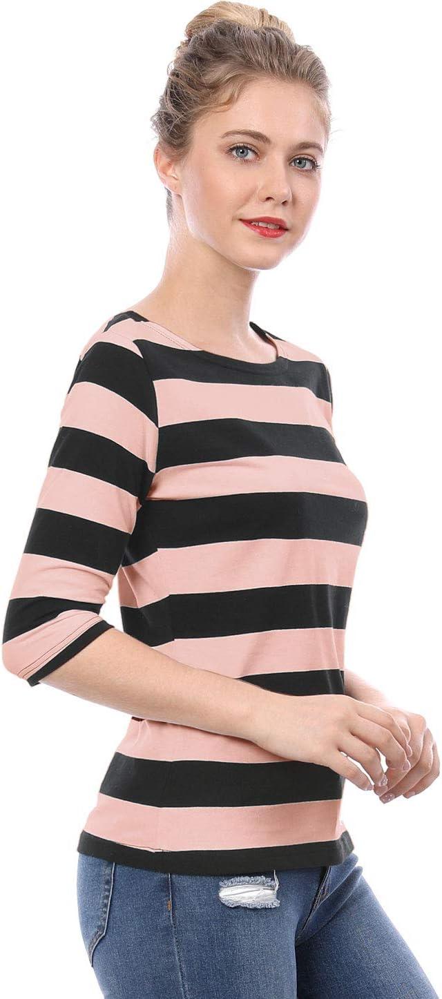 imageAllegra K Womens Striped Top Round Neck Tops Casual Long Sleeve ShirtPink Black