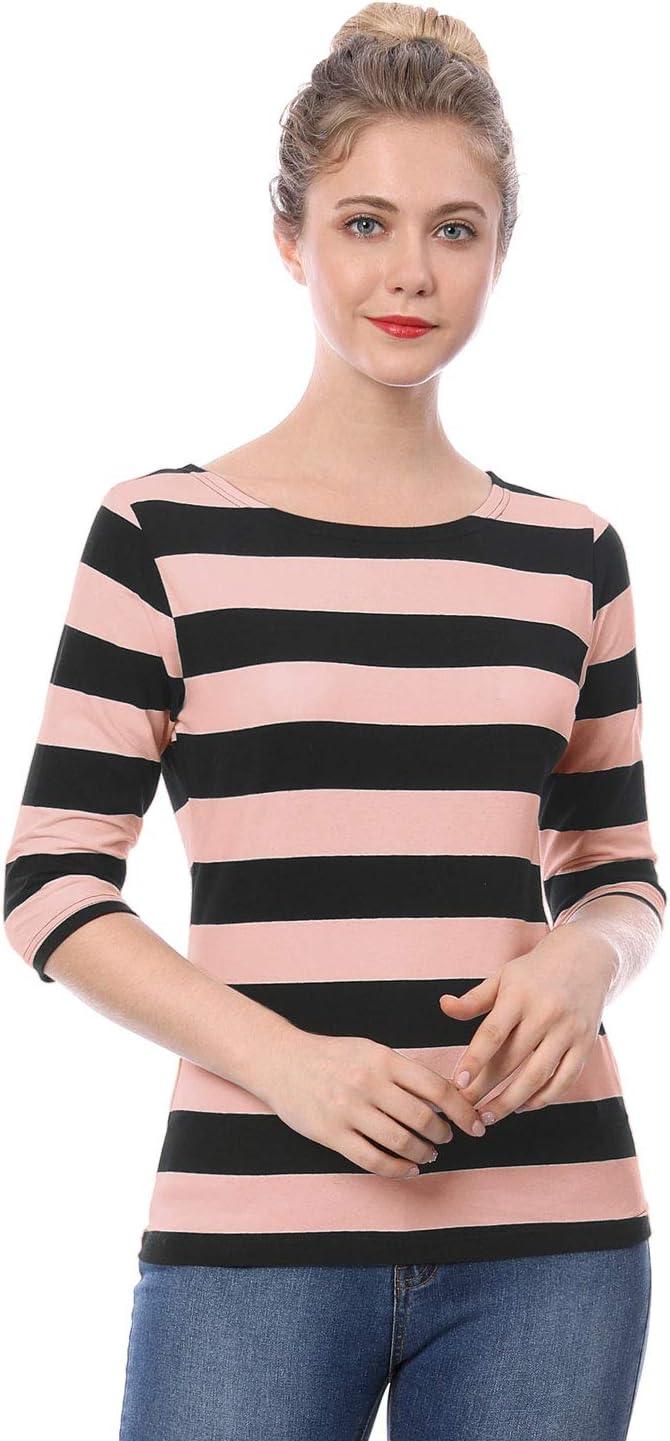 imageAllegra K Womens Striped Top Round Neck Tops Casual Long Sleeve ShirtPink Black