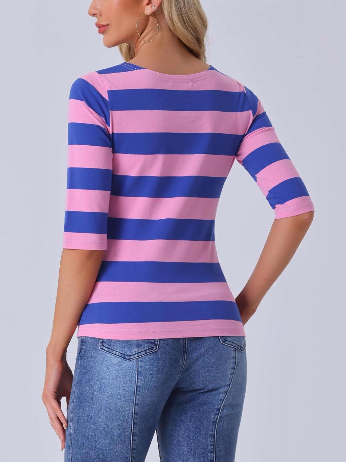 imageAllegra K Womens Striped Top Round Neck Tops Casual Long Sleeve ShirtPink Blue