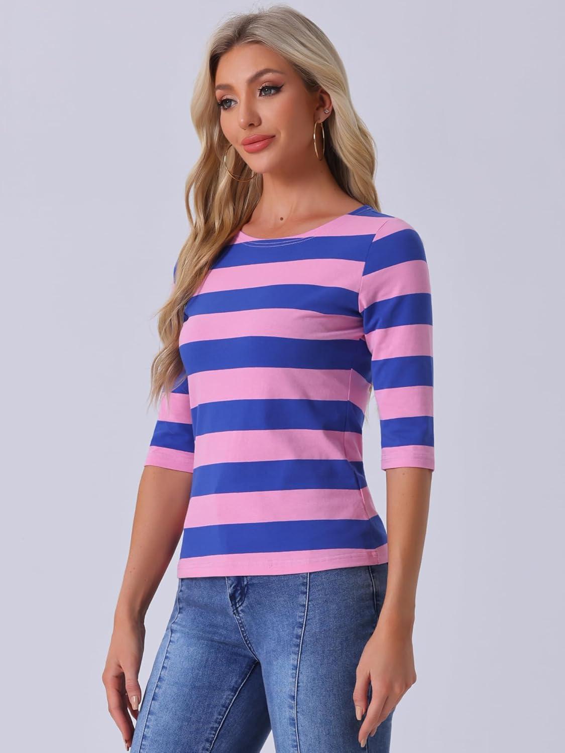 imageAllegra K Womens Striped Top Round Neck Tops Casual Long Sleeve ShirtPink Blue