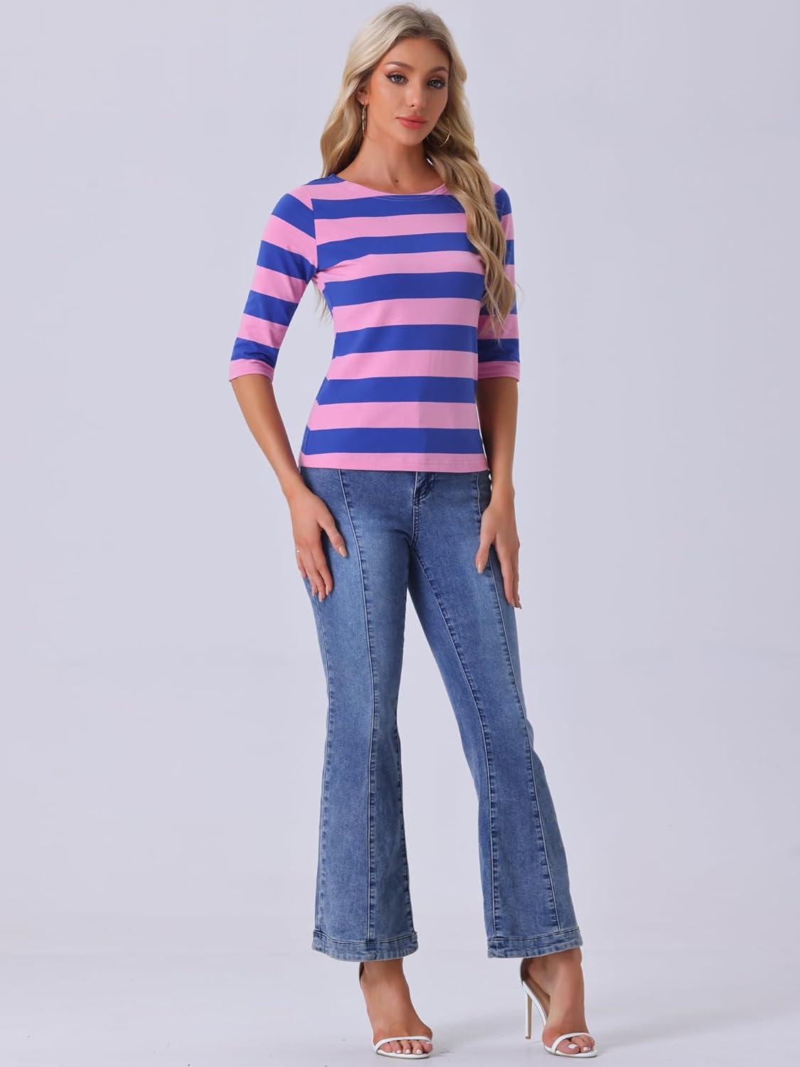 imageAllegra K Womens Striped Top Round Neck Tops Casual Long Sleeve ShirtPink Blue