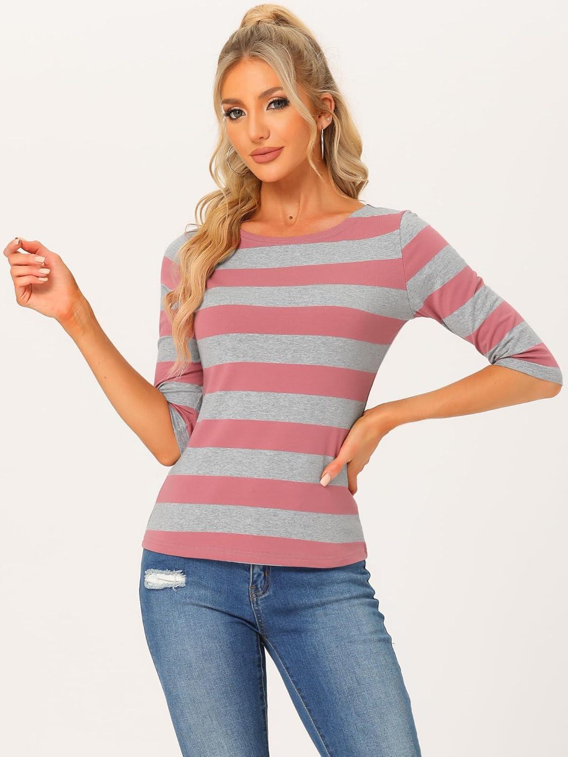 imageAllegra K Womens Striped Top Round Neck Tops Casual Long Sleeve ShirtPink Gray