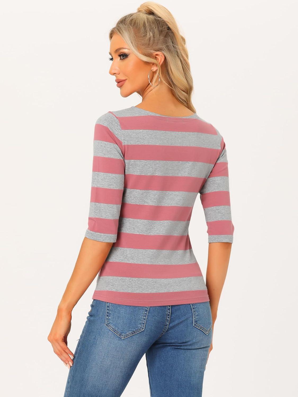 imageAllegra K Womens Striped Top Round Neck Tops Casual Long Sleeve ShirtPink Gray