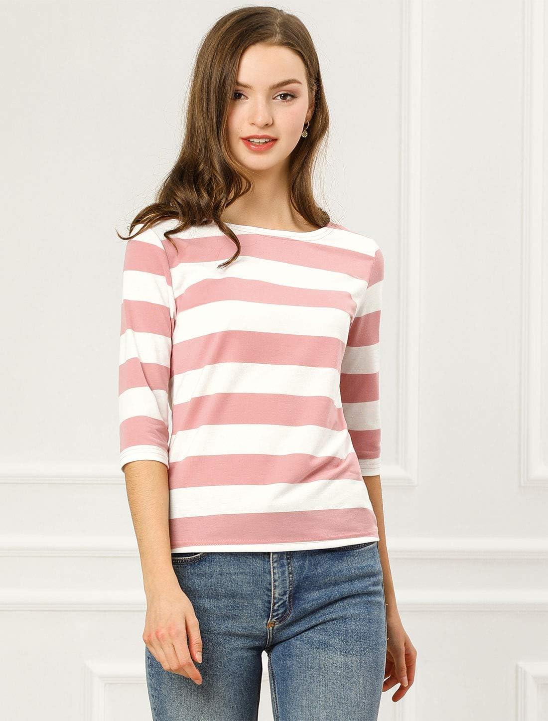 imageAllegra K Womens Striped Top Round Neck Tops Casual Long Sleeve ShirtPink White